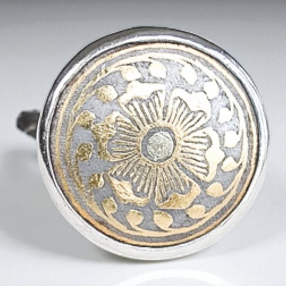 Vintage 925 Silver Signet Flower Ring Gold Plated Accent Size 9 Two Tone - Picture 2 of 8